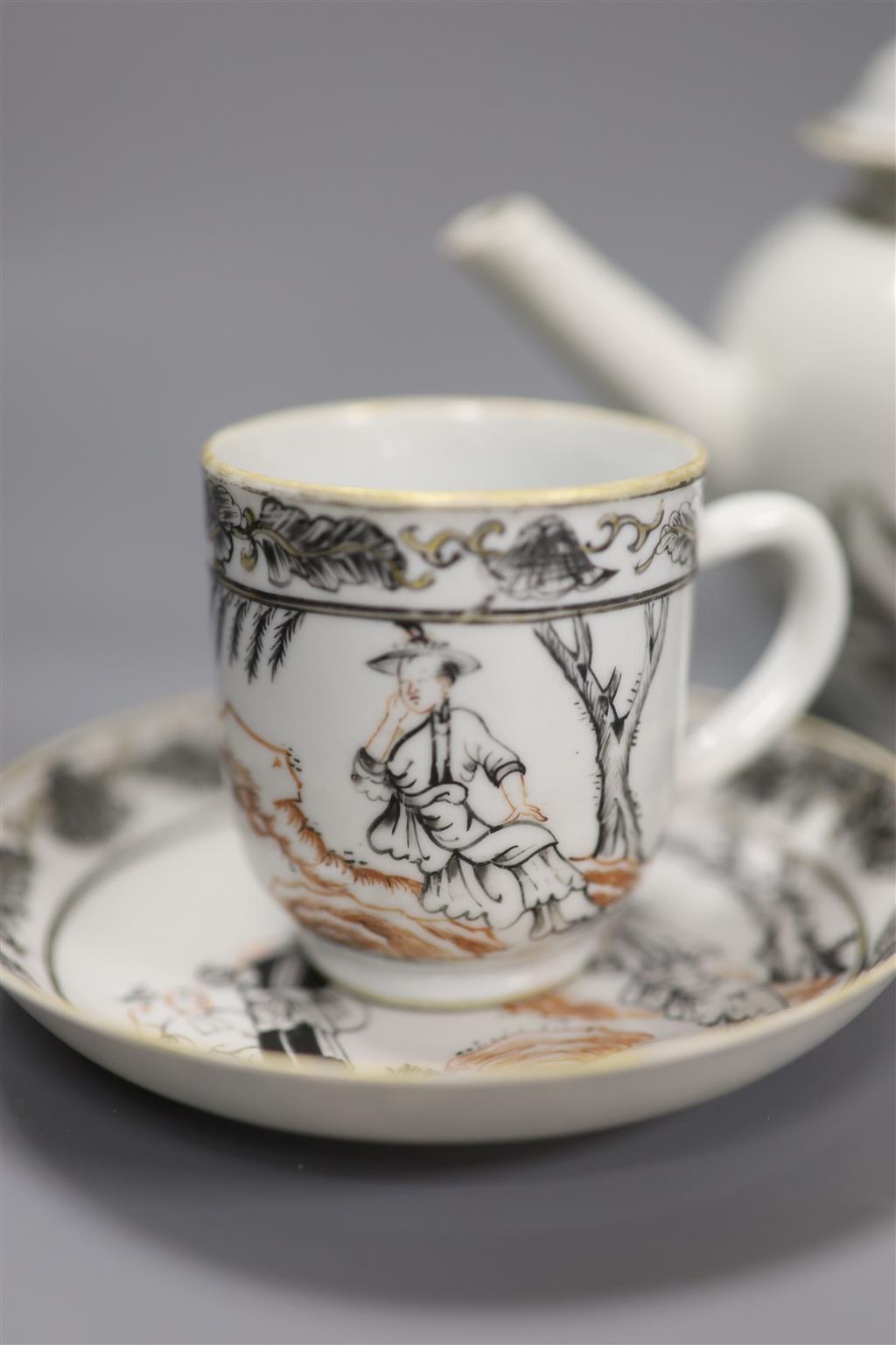 A Chinese grisaille teapot, 14cm high tea caddy and cover and a coffee cup and saucer, Qianlong period